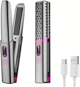 Wireless Cordless Hair Straightener – USB Rechargeable (Grey & Pink)