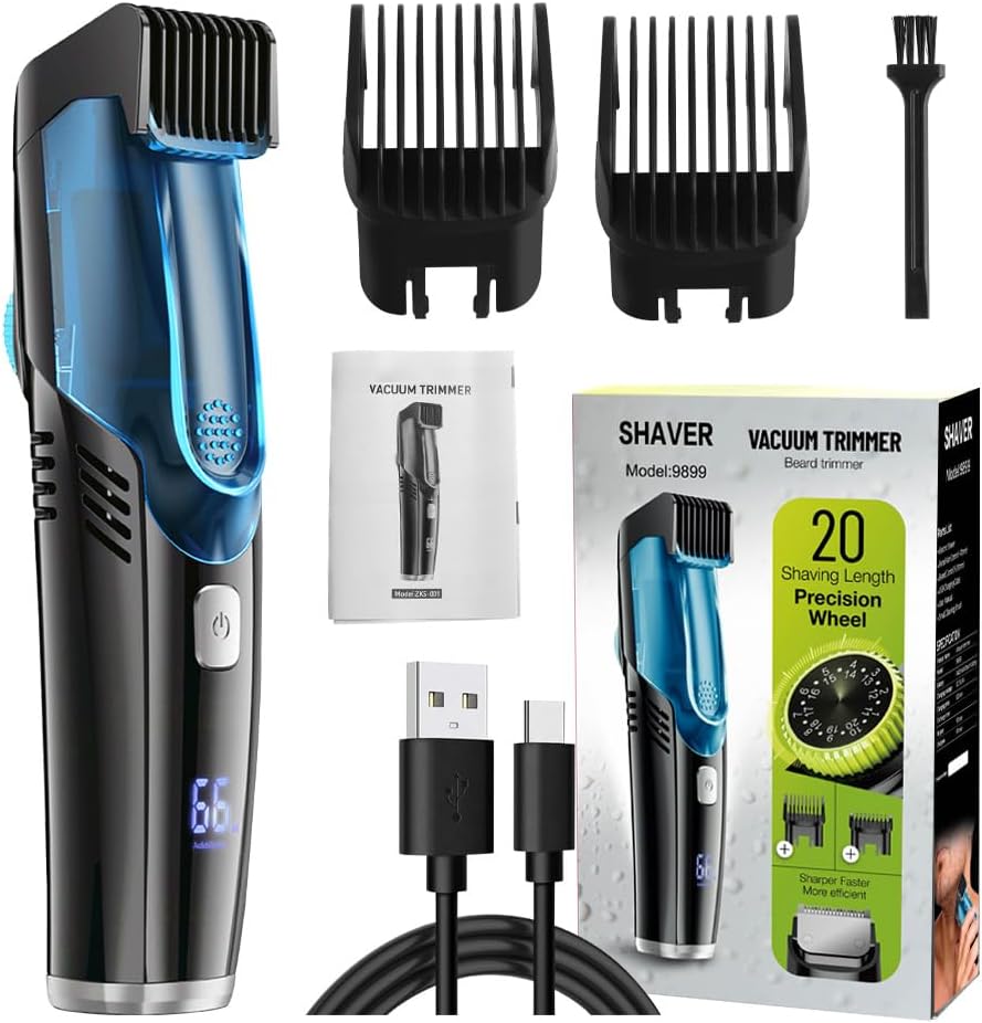Vacuum Beard and Head Trimmer with 20 Multiple Adjustable Length Settings, USB Rechargeable, Digital Display, Self-Cleaning Function, Precision Blades, Ergonomic Black and Green Design for Easy Grooming and Mess-Free Trimming. (Blue)