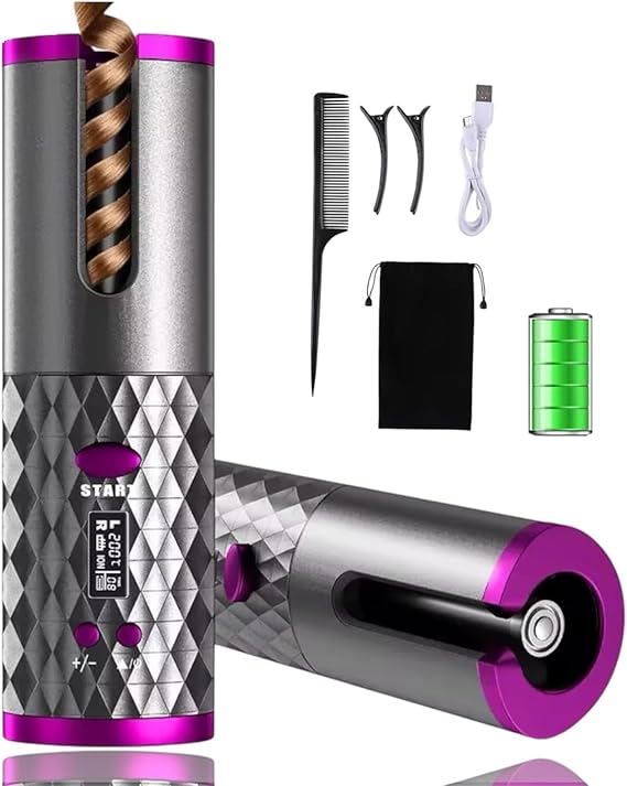 Wireless Automatic Hair Curler – USB Rechargeable (Grey/Pink)