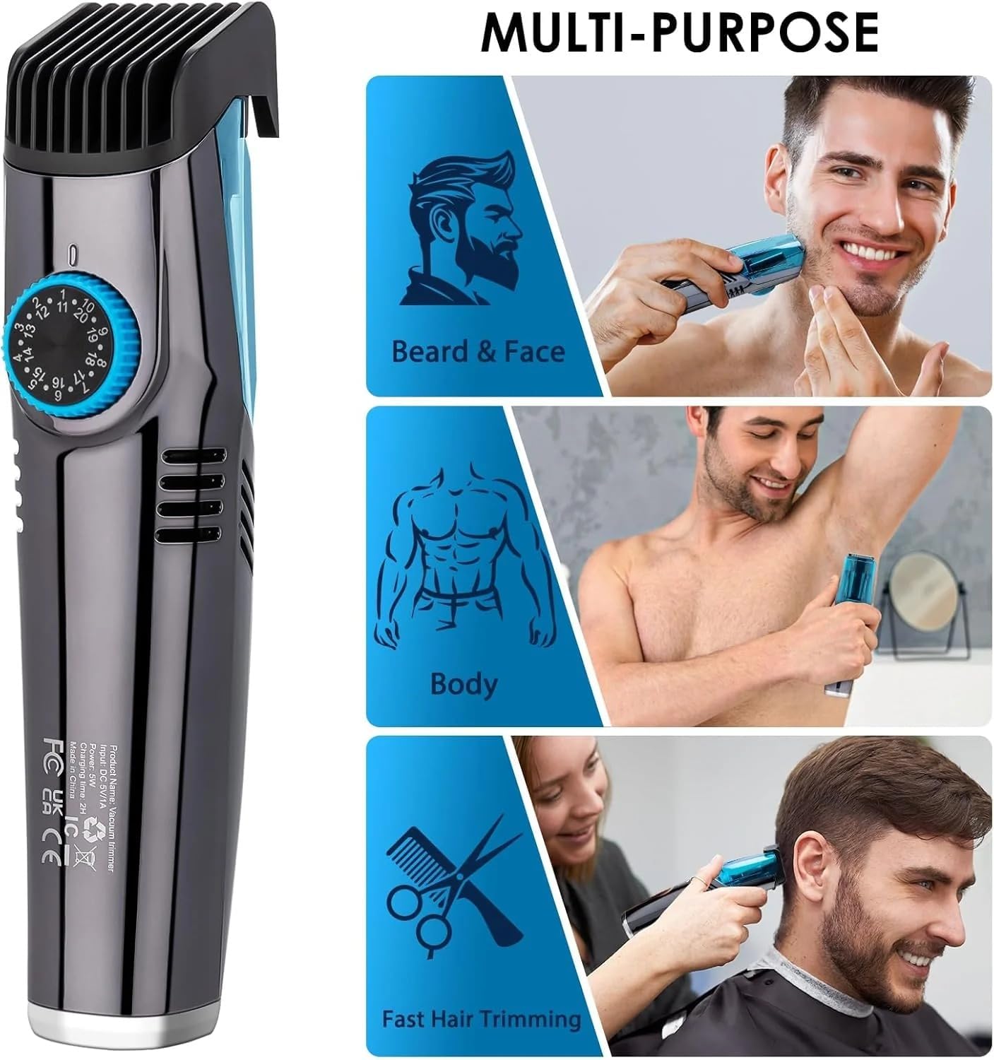 Vacuum Beard and Head Trimmer with 20 Multiple Adjustable Length Settings, USB Rechargeable, Digital Display, Self-Cleaning Function, Precision Blades, Ergonomic Black and Green Design for Easy Grooming and Mess-Free Trimming. (Blue)
