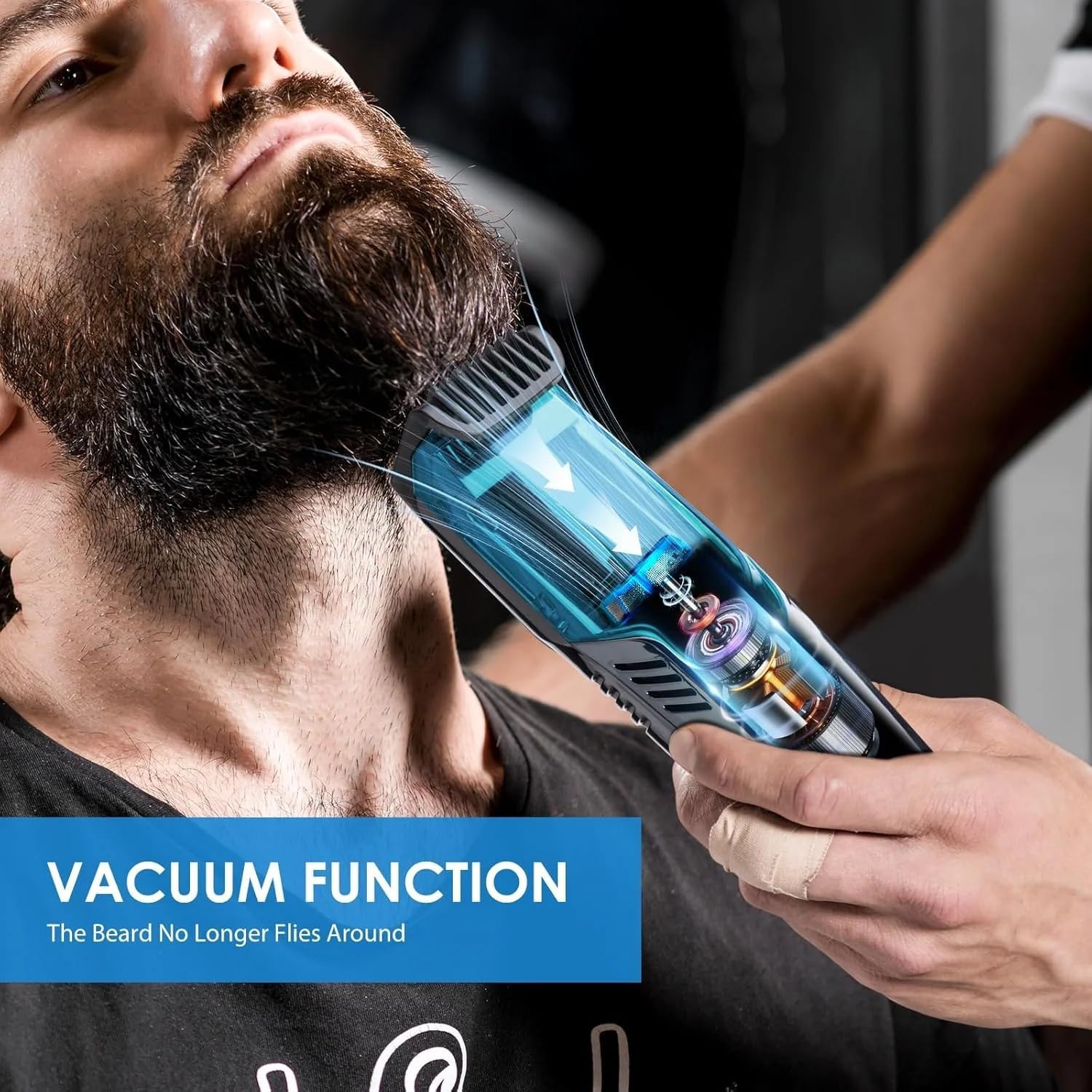 Vacuum Beard and Head Trimmer with 20 Multiple Adjustable Length Settings, USB Rechargeable, Digital Display, Self-Cleaning Function, Precision Blades, Ergonomic Black and Green Design for Easy Grooming and Mess-Free Trimming. (Blue)