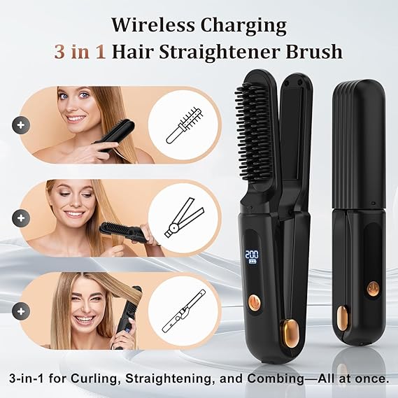 Wireless Cordless Hair Straightener & Heating Brush – USB Rechargeable (Black)
