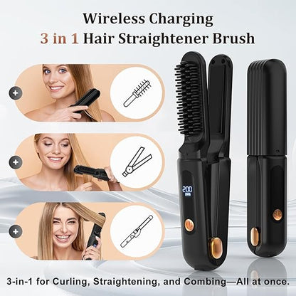 Wireless Cordless Hair Straightener & Heating Brush – USB Rechargeable (Black)