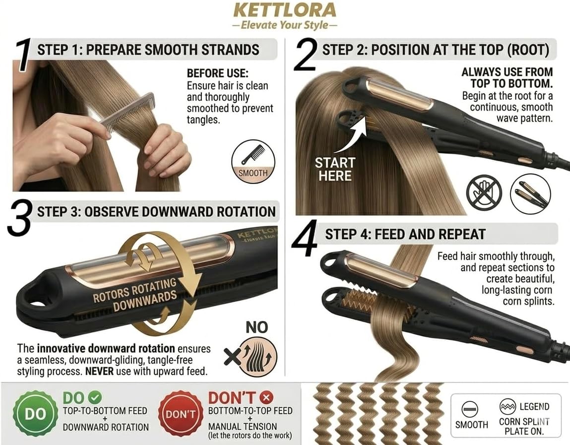 CrimpSpin Pro Automatic Rotating Heated Crimper 2 settings (180–230°C,), Corrugation,Corn Splint Curling Machine, Volumizing Hair, Professional and Home use