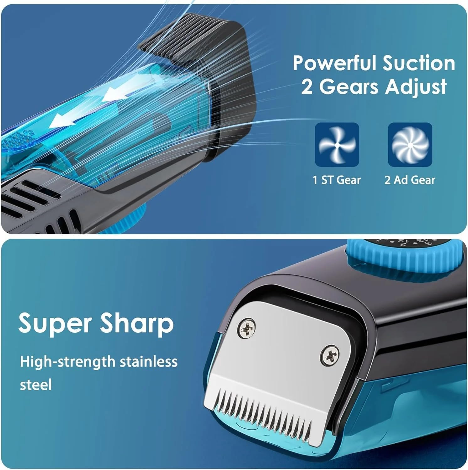 Vacuum Beard and Head Trimmer with 20 Multiple Adjustable Length Settings, USB Rechargeable, Digital Display, Self-Cleaning Function, Precision Blades, Ergonomic Black and Green Design for Easy Grooming and Mess-Free Trimming. (Blue)