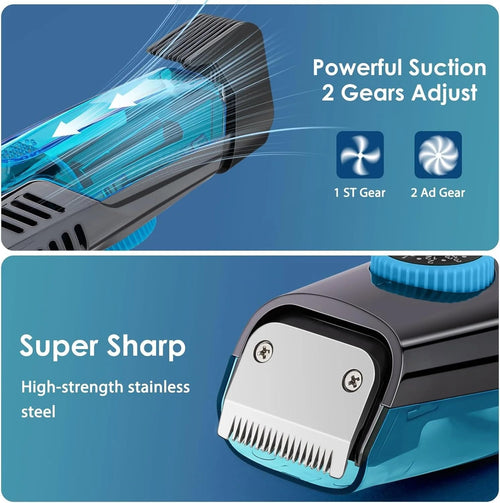 Vacuum Beard and Head Trimmer with 20 Multiple Adjustable Length Settings, USB Rechargeable, Digital Display, Self-Cleaning Function, Precision Blades, Ergonomic Black and Green Design for Easy Grooming and Mess-Free Trimming. (Blue)