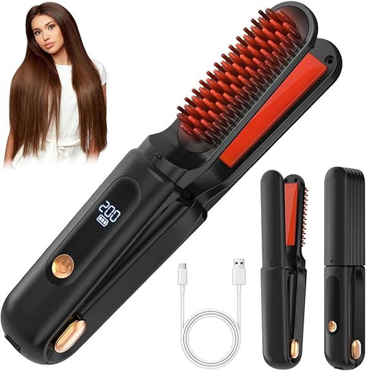 Wireless Cordless Hair Straightener & Heating Brush – USB Rechargeable (Black)